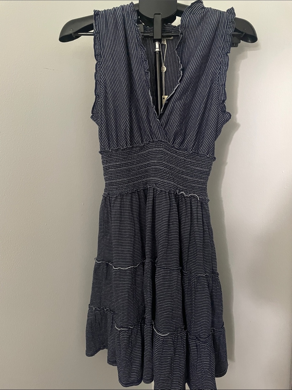 Max Studio Navy and White Striped V-Neck Smocked Midi Dress
